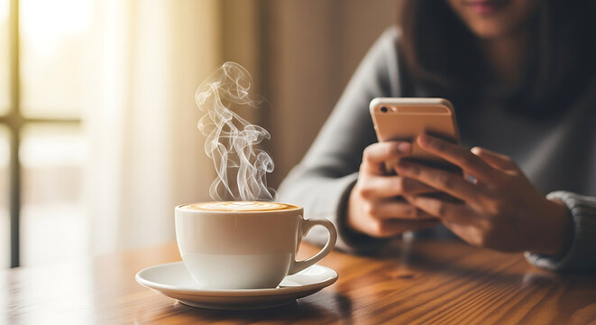A woman enjoys a relaxing morning break with a hot cup of coffee while browsing her smartphone - Powered by Adobe