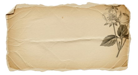 vintage beige torn paper with partial printed artwork, textured surface, old paper aesthetic, transparent background