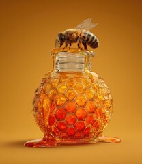 Bee perched on a jar of dripping honey against a solid background