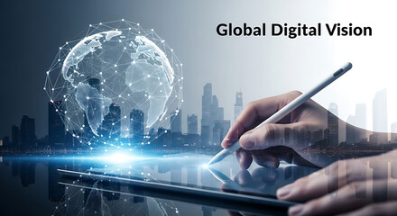 Futuristic concept showing a hand using a stylus on a tablet with a holographic globe and city skyline, symbolizing global connectivity, technology, and digital innovation — ideal for business, AI, bg