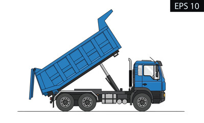 Modern blue dump truck vector illustration, depicting a heavy-duty construction vehicle with its cargo bed raised, ideal for material transport and unloading on building sites © The blitz