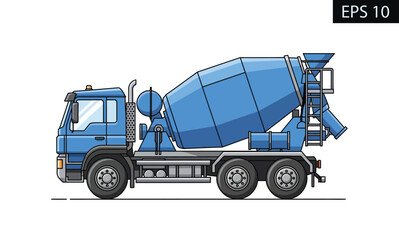 Fototapeta premium Blue cement mixer truck illustration on white background, construction vehicle for building and infrastructure projects