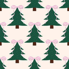 Chic Pink Bows Christmas Tree Seamless Pattern for wrapping Paper Backgrounds and Packaging