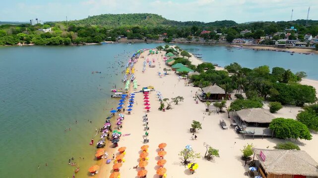 Aerial drone footage over "Alter do Chao" beach on "Ilha do Amor" island, along the Tapajos river in Santarem, Para state, Brazil &ndash; a freshwater paradise known as the brazilian caribbean