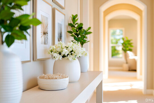 Transitional style entryway console table neutral palette subtle textures