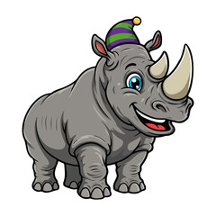 Happy cartoon rhinoceros wearing a birthday party hat