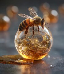 Bee perched on sphere of honeycomb in a detailed studio shot