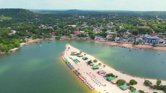 Aerial drone footage over "Alter do Chao" beach on "Ilha do Amor" island, along the Tapajos river in Santarem, Para state, Brazil &ndash; a freshwater paradise known as the brazilian caribbean