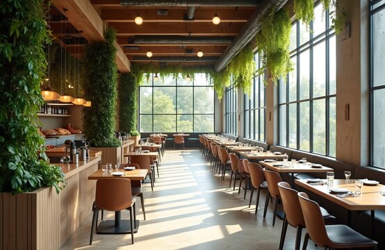 Modern restaurant interior design. Empty dining room with tables chairs and large windows. Green plants decor modern architecture. Nobody inside during the day time.