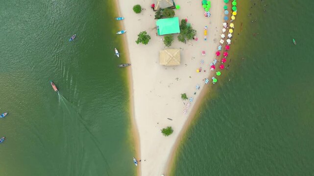 Aerial drone footage over "Alter do Chao" beach on "Ilha do Amor" island, along the Tapajos river in Santarem, Para state, Brazil &ndash; a freshwater paradise known as the brazilian caribbean