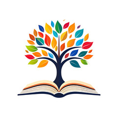 Colorful tree crown with leaves atop an open book, symbolizing knowledge, growth, and nature