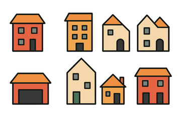 Assortment of colorful cartoon residential buildings, houses, and a garage