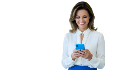 Smiling professional woman happily engaging with her smartphone, embodying modern digital communication, connectivity, and productivity in a contemporary setting