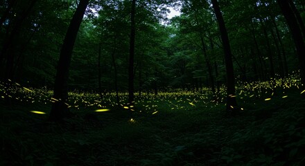 A scattering of glowing fireflies illuminating a dark forest setting. The tiny lights create a magical, serene, and enchanting nighttime atmosphere.