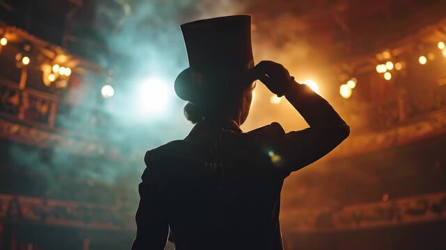 Enigmatic Performer in Top Hat Greets the Audience on Stage.