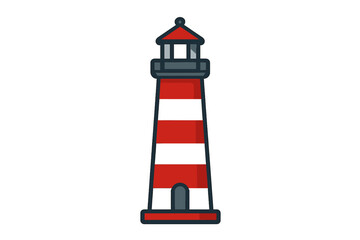 Coastal lighthouse tower with red and white stripes guiding maritime navigation