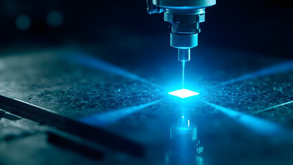 Ultra-realistic 8K macro photograph of a robotic laser scanning a metal surface, with glowing light reflections. Dark area provides copyspace, emphasizing precision, industrial robotics, and advanced 