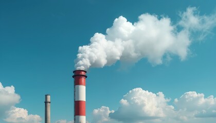 Red and white industrial chimney emits thick white smoke against bright blue sky. Clouds drift past factory smokestack. Manufacturing plant pollutes air, creates atmospheric haze.