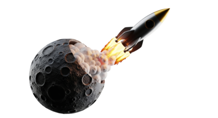 Rocket blasting from broken moon with smoke isolated on a transparent background fire
