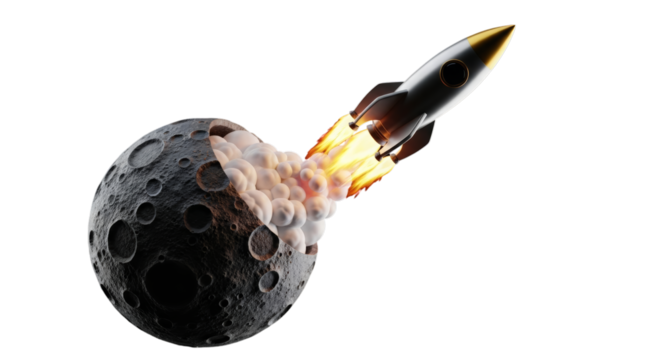Rocket blasting from broken moon with smoke isolated on a transparent background fire
