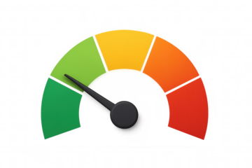Performance indicator gauge showing measurement level with colored sections for good, medium, and bad risk, transparent background