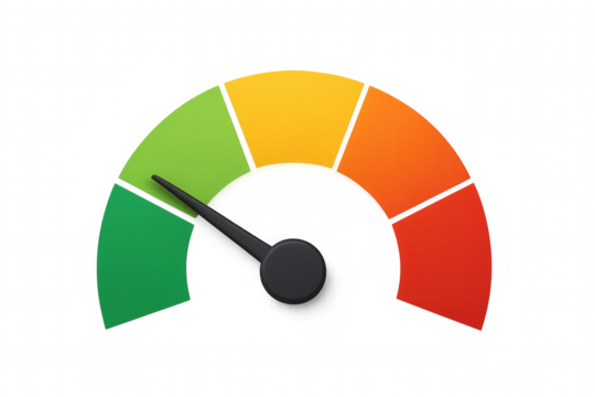 Performance indicator gauge showing measurement level with colored sections for good, medium, and bad risk, transparent background