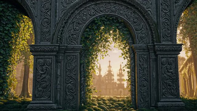 A mystical, ornate archway overgrown with ivy frames a distant castle at sunset. Captured from a low angle, perfect for a fantasy video backdrop. Live desktop wallpaper.