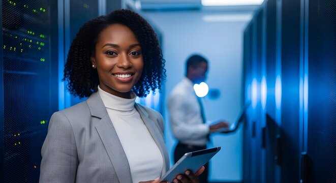 Woman smiling in a server room with a tablet and laptop