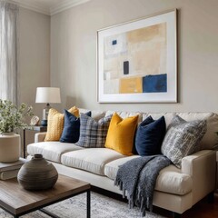 Comfortable living room with sofa pillows art and coffee table decor