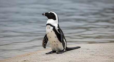 Naklejka premium An African Penguin Stands on a Rocky Shoreline Near the Water.