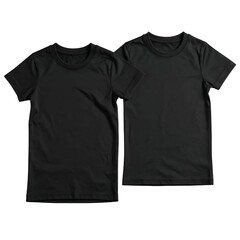 Fototapeta premium Two plain black t-shirts on a dark background, slightly overlapping, viewed from the front