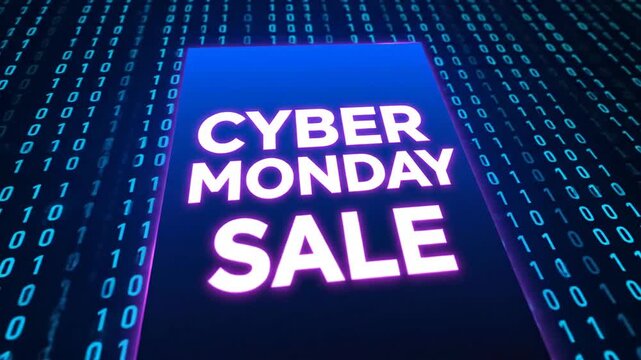 Cyber Monday sale sign in neon colors with binary code background  