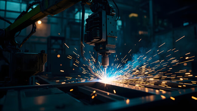 Ultra-realistic 8K photograph of a robotic welding machine generating sparks on steel components in an industrial environment. A dark area provides copyspace, and cinematic lighting emphasizes precisi