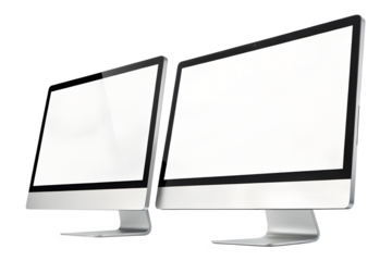 Two modern all in one desktop computers with blank white screens side by side isolated on transparent background