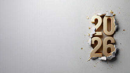 Golden 3D numbers "2026" breaking through white wall with paper and glitter effect. Elegant New Year or business concept with luxury style. Ample copy space on left side for text or design.