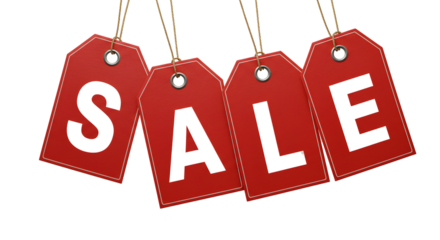 Red hanging sales tags, isolated on transparent cutout background, cut out, png