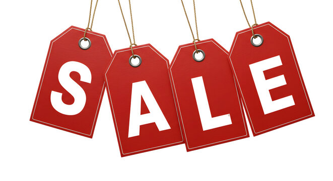 Red hanging sales tags, isolated on transparent cutout background, cut out, png