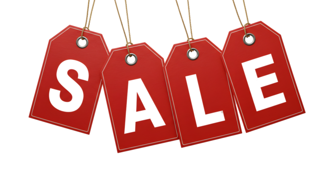 Red hanging sales tags, isolated on transparent cutout background, cut out, png - Powered by Adobe