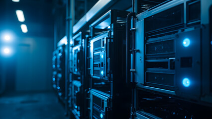 Realistic photograph of air-cooled servers with visible vents and subtle LED lighting in cool blue tones. Industrial documentary aesthetic with ample copyspace at the top of the frame. Captured in 8K 