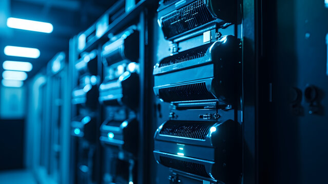 Realistic photograph of air-cooled servers with visible vents and subtle LED lighting in cool blue tones. Industrial documentary aesthetic with ample copyspace at the top of the frame. Captured in 8K