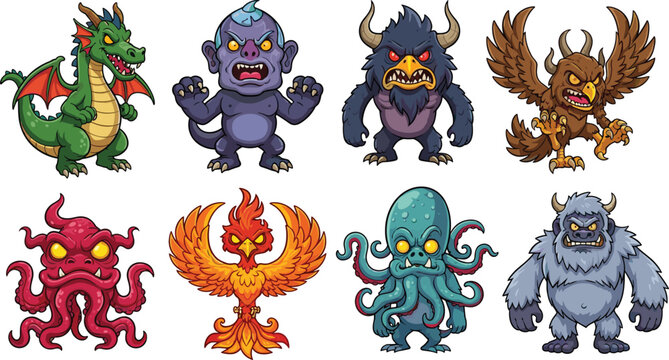 Fantasy creature cartoon set, mythical monster icons, colorful character collection for games, storytelling, kids media, and creative illustration projects