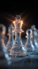 Crystal king chess piece illuminated against blurred chessboard background