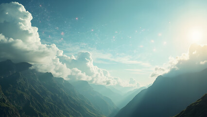 Realistic 8K photograph of soft floating cloud shapes over a mountain landscape with subtle data connection overlays. The cinematic composition and ample sky copyspace make it ideal for illustrating c