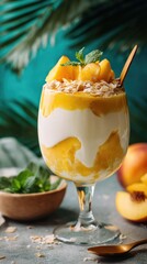 Delicious dessert parfait with peaches and cream in elegant glass