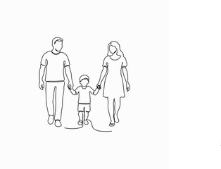 Happy family in continuous line art drawing style. Back view of parents with one child holding hands and walking together black linear sketch isolated on white background.