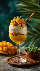 Delicious mango dessert in a glass with fresh mint on wooden tray