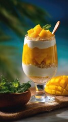 Delicious layered mango dessert in a glass with mint fruit and a spoon