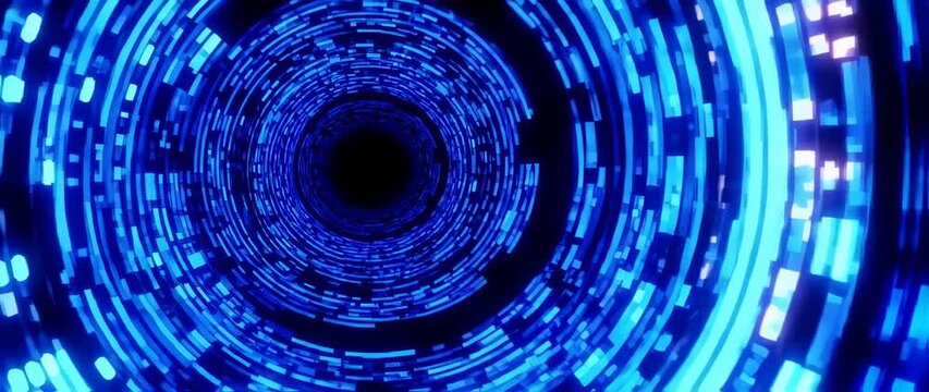 Mesmerizing abstract blue light tunnel with rotating circles creating a futuristic digital realm