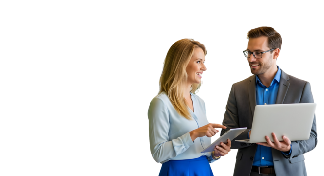 Two smiling business colleagues discussing a project on a laptop and a tablet, showcasing teamwork and modern collaboration