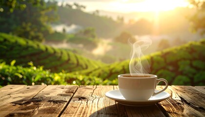 A cup of steaming beverage sits on a wooden table. Lush green tea terraces in the background, bathed in golden morning light